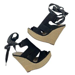 SCHUTZ Espadrille Wedge Sandals Size 7 Black Leather Peep Toe Ribbon Ankle Wrap